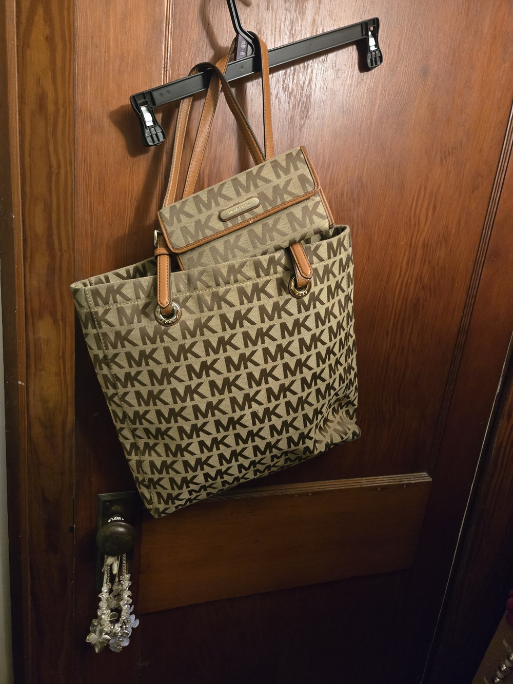 Michael Kors Beige and Brown MK Logo Tote Shoulder Bag With Wallet